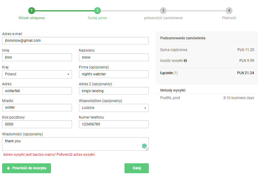 dodaj adres wysyłki